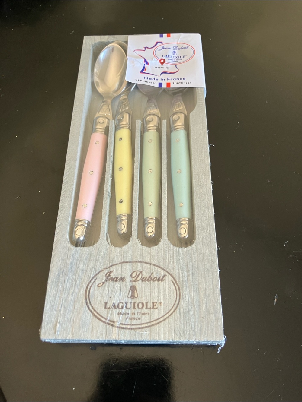 Laguiole Jean Dubost Pastel Dessert Spoon Set - Pink, Yellow, Mint